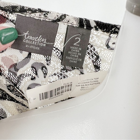 Chicos Travelers Baroque Lace Fringe TOP Black/Ecrue Paisley NWT - Picture 3 of 7